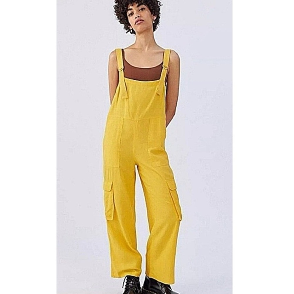 BDG Tilly Linen Cargo Overalls L Yellow Wide Leg Utility Jumpsuit Gorpcore